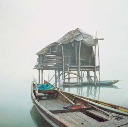 莫大风 1997年作 雾中的棚和船